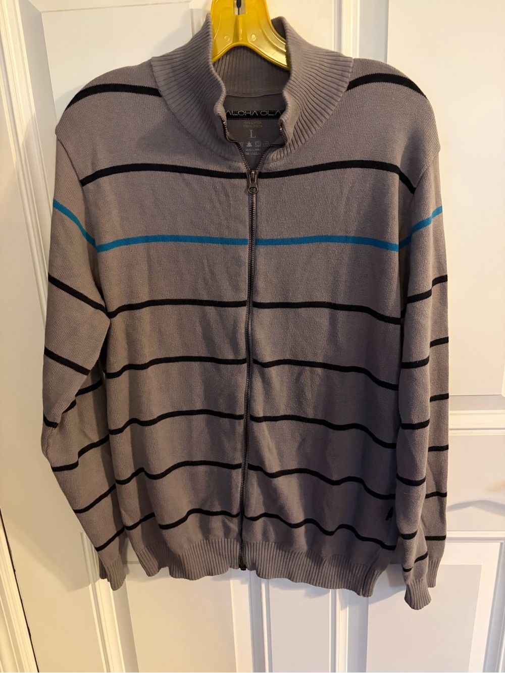 ALOHA Collection Men's Gray Zip-Up Sweater with Black & Teal Stripes - Picture 1 of 2